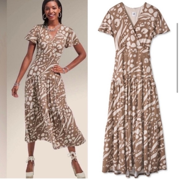 CAbi Women's XL Beige Tiered Faux Wrap Midi Dress Summer Chic Abstract Pattern - Picture 1 of 7